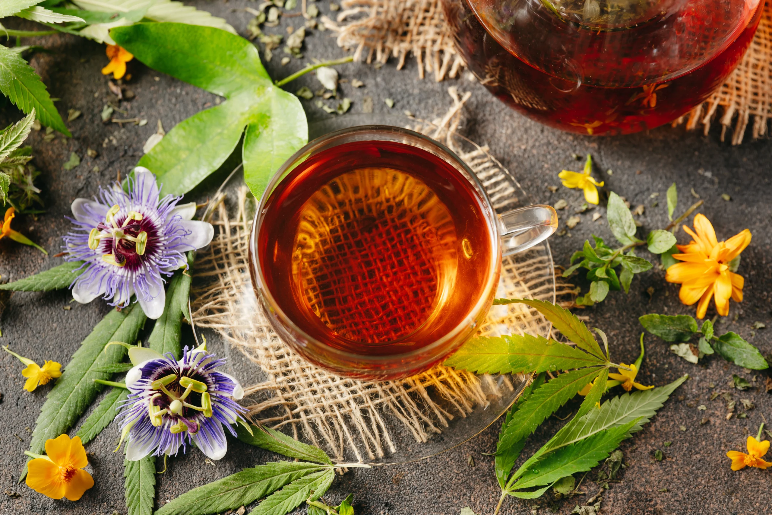Tasse de tisane bio avec herbes fraîches sur une table en bois